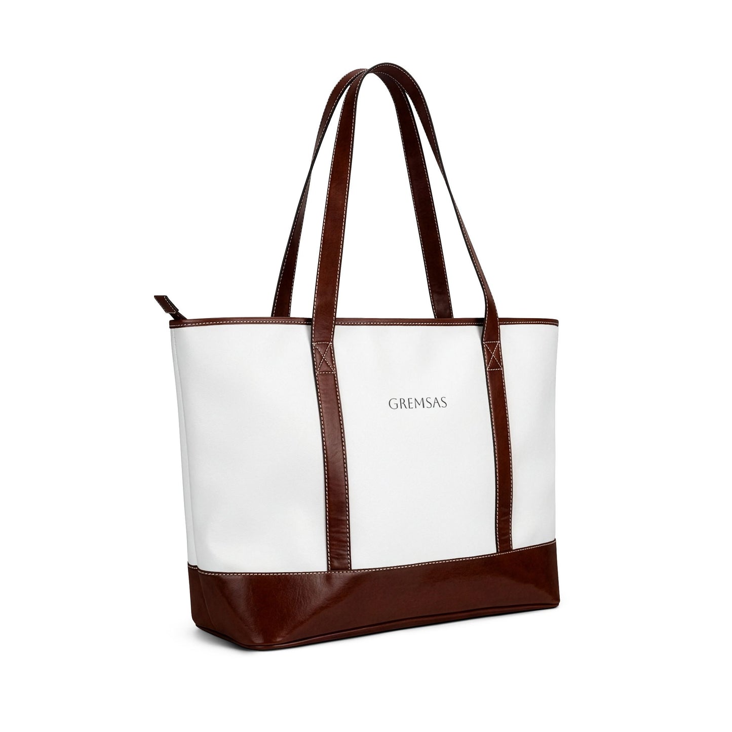 Canvas Tote Handbag — Personalized Minimalist White & Brown Leather-Trim Tote