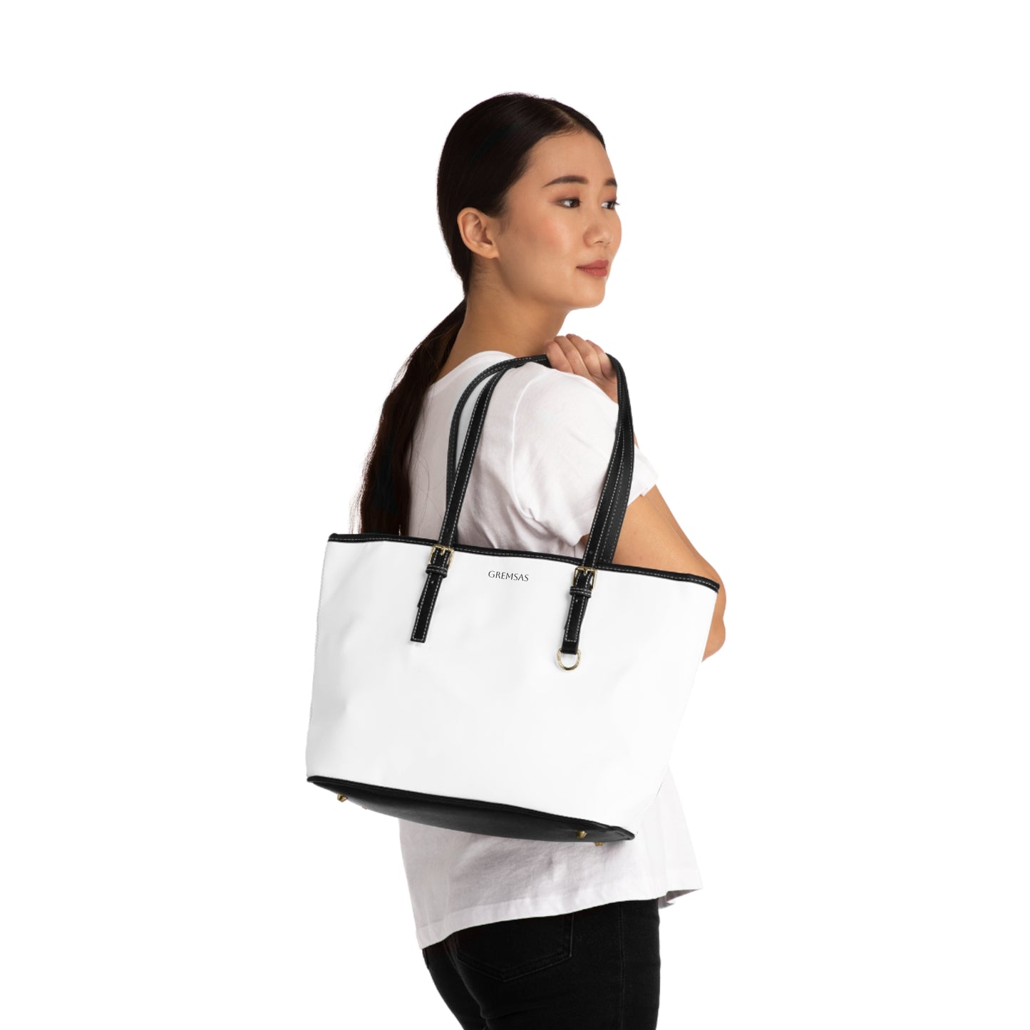 White PU Leather Shoulder Bag – Classic Tote with Black Trim, Everyday Work & Travel Handbag