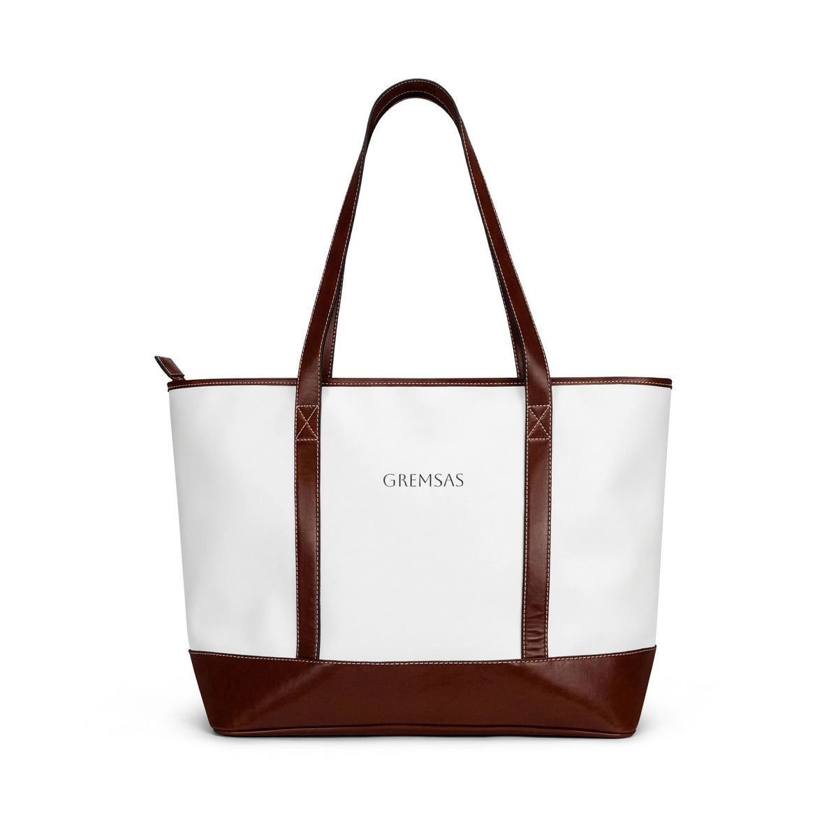 Canvas Tote Handbag — Personalized Minimalist White & Brown Leather-Trim Tote