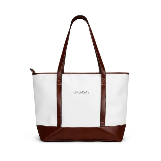 Canvas Tote Handbag — Personalized Minimalist White & Brown Leather-Trim Tote