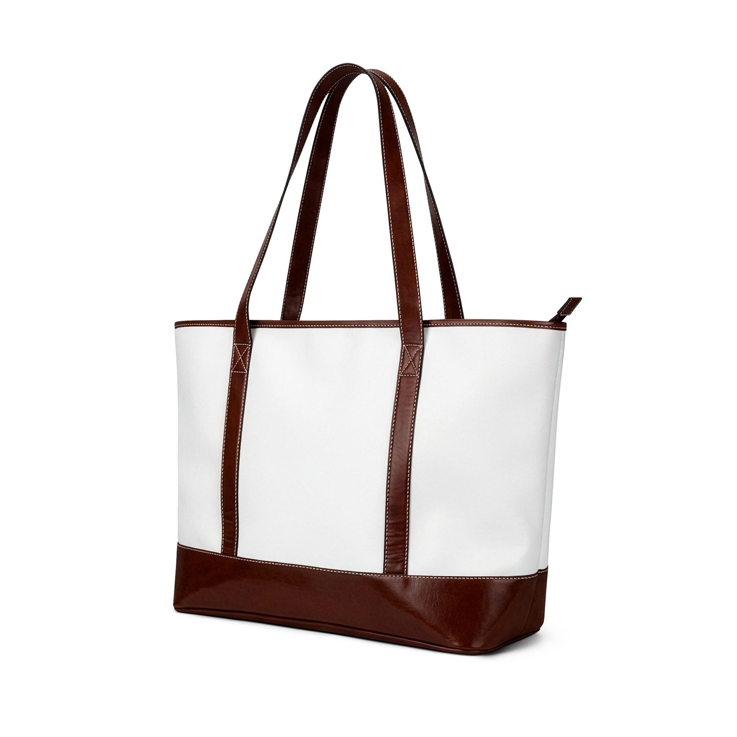Canvas Tote Handbag — Personalized Minimalist White & Brown Leather-Trim Tote