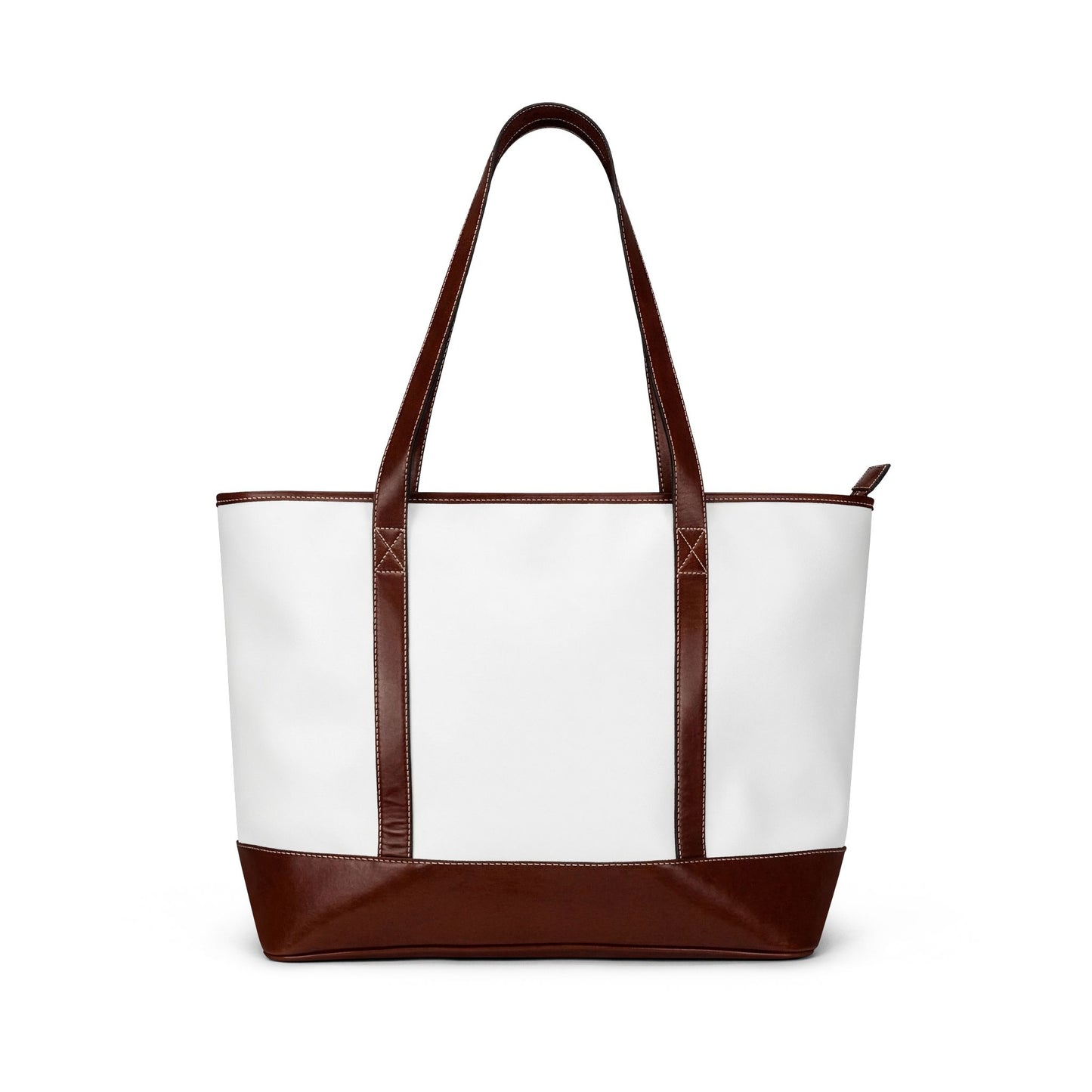 Canvas Tote Handbag — Personalized Minimalist White & Brown Leather-Trim Tote
